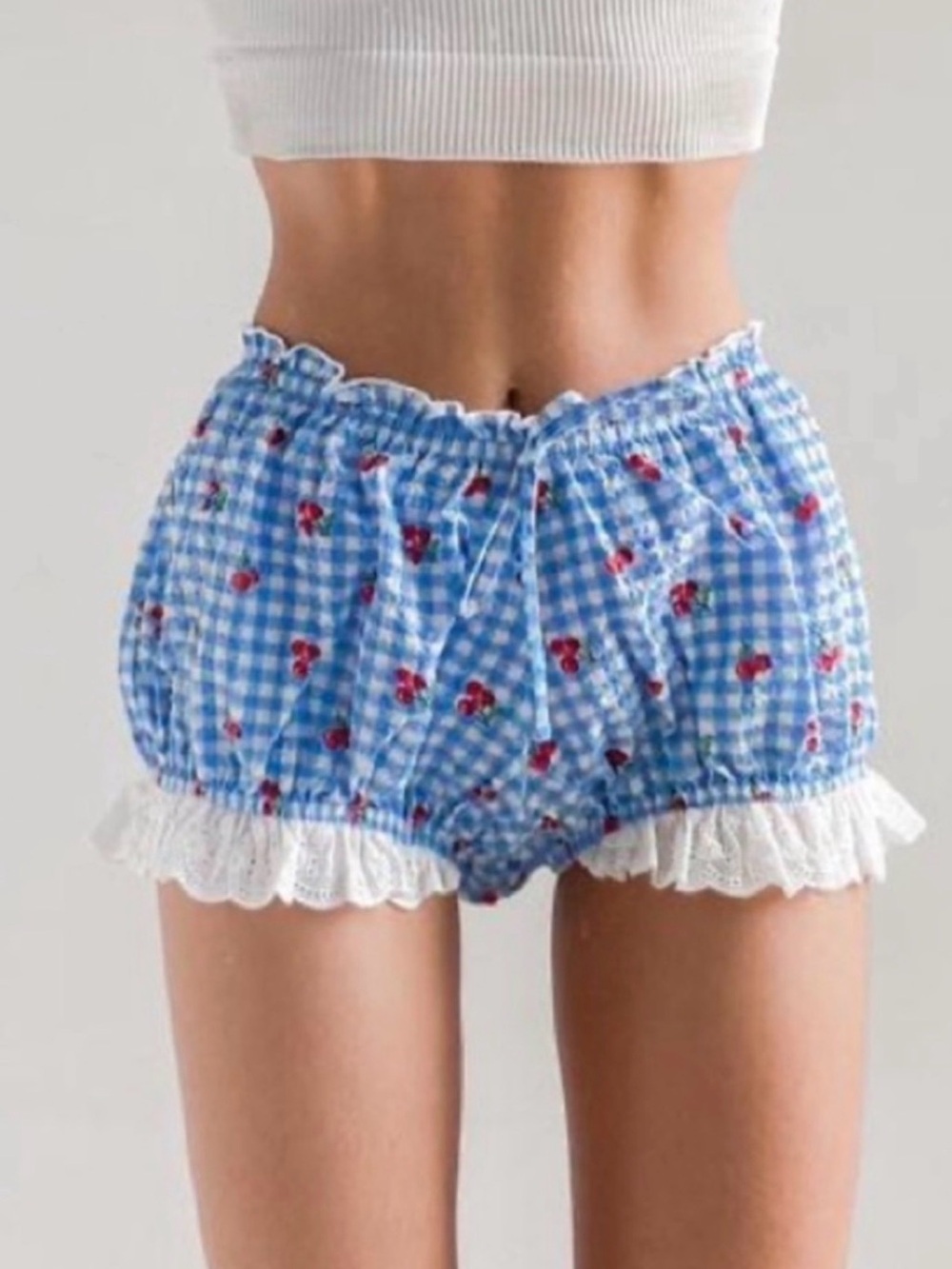 Urban Outfitters Blue Gingham Cherry Ruffle Shorts